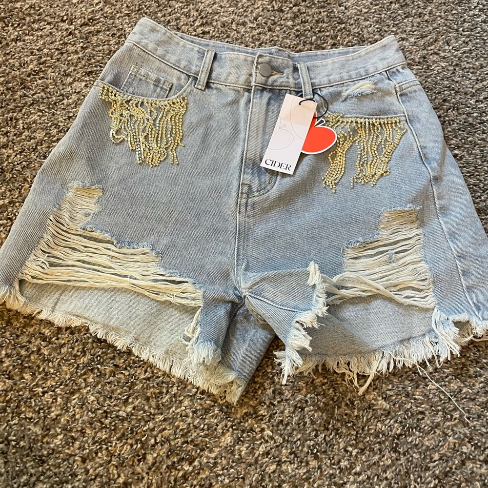 Cider rhinestone distressed denim shorts fringe size medium new nwt